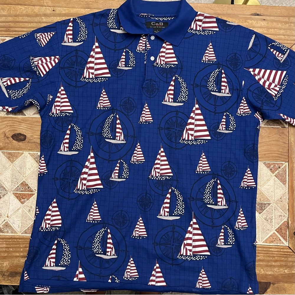Cutter & Buck Sport Mens Size Large Nautical All Over Print Sailboat Polo Shirt